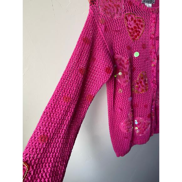 Jack B Quick Hot Pink Crochet Knit Sequin & Bead Valentine's Day Heart Cardigan - Picture 9 of 14